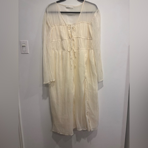 Oak + Fort Sheer Pleated BOHO Midi Dress in Ivory – Long Sleeve (Size M) - Picture 2 of 7